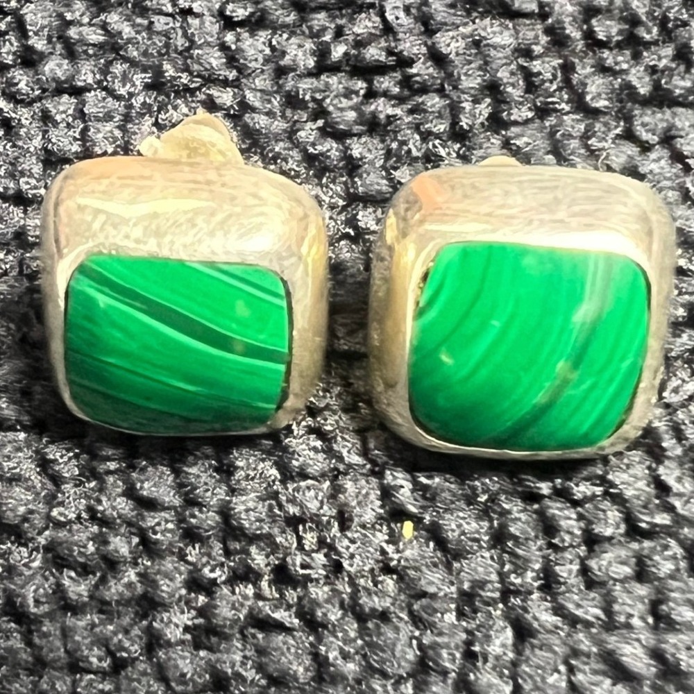 Vintage Mexico Sterling Silver Stud Earrings Southwestern Green Malachite 5g .5"